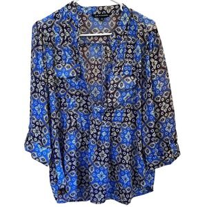 Zac & Rachel Blouse Top L Blue Paisley 3/4 Sleeve Button Down Lightweight
